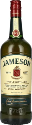 A bottle of Jameson Irish Whiskey against a white background.