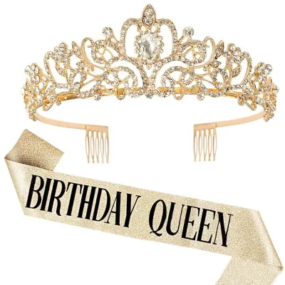 Produktbild von 2 Teile/satz Frauen Glänzenden Strass Geburtstag Tiara Kronen Gürtel Set Mädchen Prinzessin Krone mit Kämme Geburtstag Party Dekoration Golden