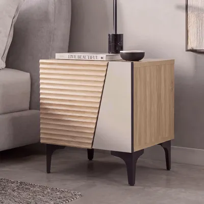 Produktbild von Nachttisch MCW-Q83, Kommode Beistelltisch Schrank, 3D-Struktur Staufach MDF Melamin 50x45x42cm Eiche-Optik