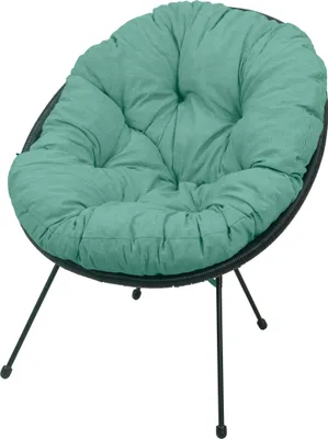 A green cushion on a black chair with black legs, isolated on a white background.