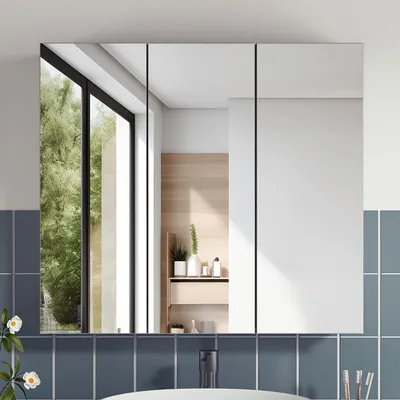 Image de Miroir de salle de bain - Armoire à miroir - Meuble mural - Rangement - Armoire murale avec miroir - 3 portes en miroir - Étagère réglable