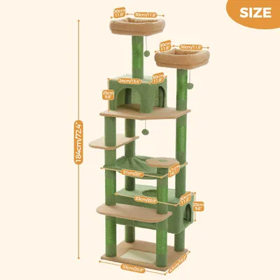 Produktbild von XXL Katzenkratzbaum – 184 cm hoch – Großer Katzenbaum mit Sisalstämmen – Plüschkorb und Häuschen