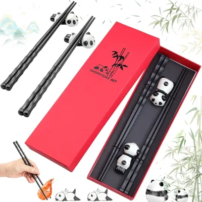 Produktbild von Essstäbchen Set - Spülmaschinenfest - 2 Paare - Inklusive Panda-Haltern