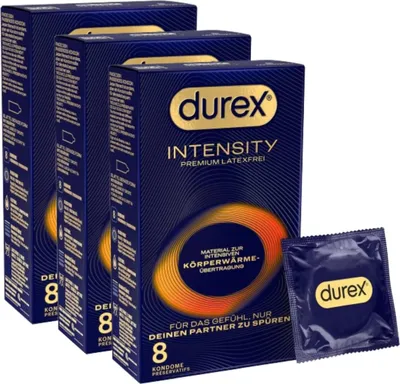 Produktbild von Durex Intensity Kondome - Ultra dünn plus für intensive Körperwärmeübertragung - Mit viel Silikongleitgel befeuchtet - Ohne Latex - 3 x 8 Stück
