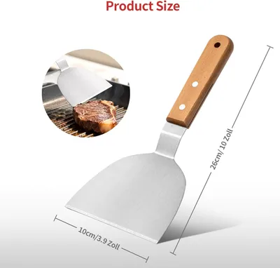 Produktbild von Edelstahl Pfannenwender mit Holzgriff, 26 x 10 cm, Teigspatel aus Metall, Grillspachtel, Kš¹chenhelfer, Robuster Metallspatel fš¹r Grillen, Braten, und Pizza, Silberfarben