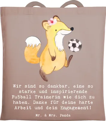 Produktbild von Mr. & Mrs. Panda Tote Bag Fußball Trainerin Dankbarkeit - Braun Pastell - Geschenk, Tasche, Danksagung, dokumententasche, Spiele, Teamgeist, Stoffbeutel, Tragetasche
