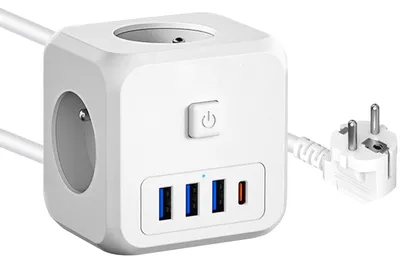 Produktbild von Steckdosenleiste mit USB, Mehrfachsteckdose, Würfel, 3 USB und 1 C Ladegerät, 1,