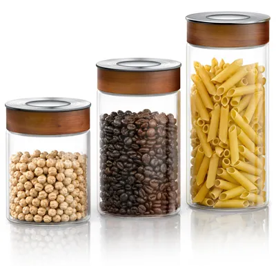 Obrázok produktu pre Sada 3 kusov dóz Arendo na skladovanie potravín: 1 dóza s objemom 750 ml, 1 dóza s objemom 1000 ml a 1 dóza s objemom 1300 ml, vyrobené z borosilikátového skla, s vzduchotesným viečkom s vákuovým systémom, silikónovým tesnením. Transparentné