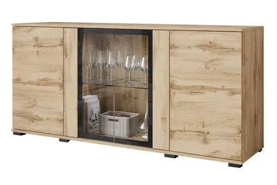 Obrázek produktu pro MINIO go for it komoda, "FARO", 150 cm, 4-dveřová, prosklená dvířka, s LED osvětlením, barva dub Wotan