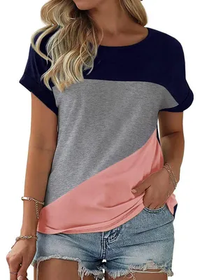 Produktbild von Damen Kurzarm-Top mit Farbblock-Design, lässiges Sommer-T-Shirt,Größe:M