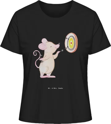 Produktbild von Mr. & Mrs. Panda Kurzarmshirt Damen Maus Dart spielen Größe M - Schwarz - Geschenk, Turnier, Basic Shirt, T-Shirt, Oberteil, Darts, Sommershirt, Darten