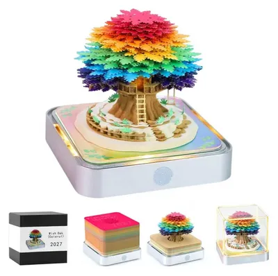 3D-Tischkalender 2027 mit LED, Regenbogenbaum-Baumhaus