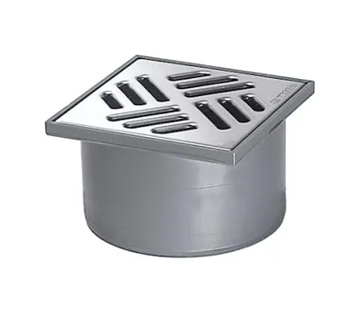 A product shot of a square drain cover with a cylindrical base, isolated on a white background.