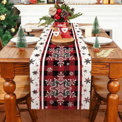 Immagine prodotto di Tovaglia decorativa natalizia, colore rosso, motivo a fiocchi di neve, 180 cm, in lino, motivo a quadri
