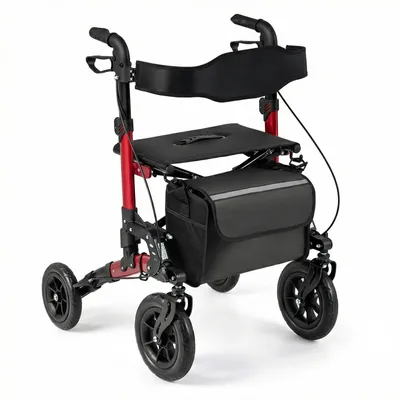 Zdjęcie produktu dla COSTWAY Składany, lekki rollator z siedziskiem, 2w1 wózek inwalidzki i rollator podróżny, pomoc do chodzenia z 6-stopniową regulacją wysokości, chodzik z kieszenią na laskę, do 136 kg
