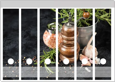 Produktbild von Wallario Ordnerrücken Sticker, selbstklebend für breite Ordner, 6 Stück, Motiv Salz und Pfeffer mit Knoblauch und Rosmarin