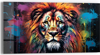 Produktbild von DEQORI Glasbild Echtglas 60x30 cm 'Löwenkraft in Farben' Wandbild Bild modern Deko