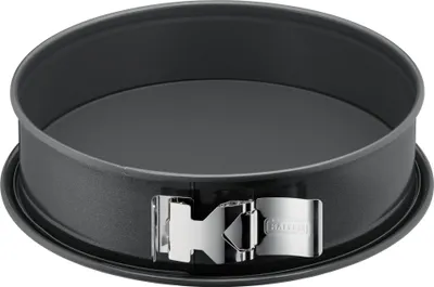 A round springform cake pan with a removable side and a clamp closure.