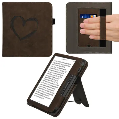 Produktbild von kwmobile Flip Hülle kompatibel mit Tolino Vision 6 - Cover Handschlaufe - Herz Brush Dunkelbraun