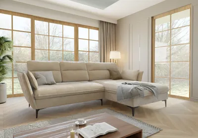 Produktbild von Ecksofa Egon mit Schlaffunktion und Bettkasten aus Beige Samt-Stoff mit hohen schwarzen Metallfüßen, B/T/H: 260 cm/ 168 cm / 91 cm, Ottomane rechts