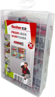 A clear plastic box containing Fischer DUOPOWER wall plugs, with a marketing label on the front.