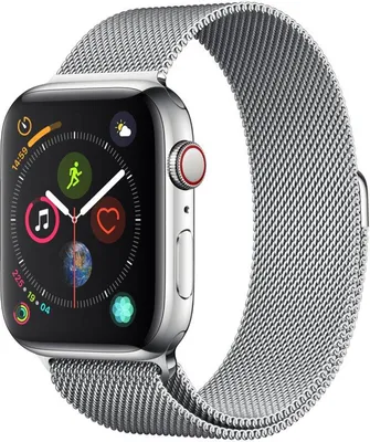 A close-up studio shot of an Apple Watch with a Milanese loop band.