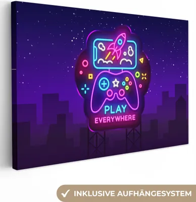 Obrázek produktu pro OneMillionCanvasses® - Plátna - Herní - Neon - Hraní - Modrá - Noc - Ovladač, nástěnné umění, nástěnné dekorace Obývací pokoj, 60x40cm