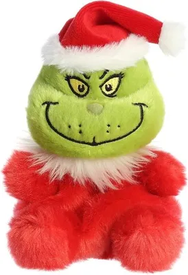 A plush toy of the Grinch wearing a Santa hat and suit.