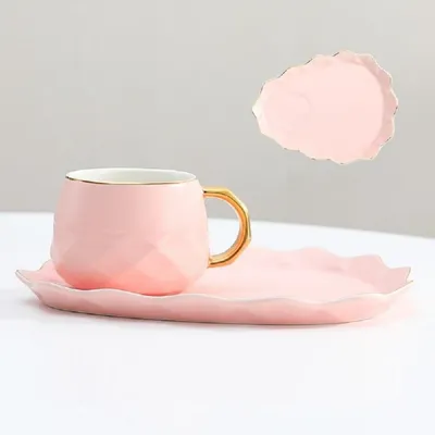Produktbild von Espressotasse mit Löffel und Unterteller 220ml Rosa Goldrand Porzellan 3-teilig