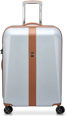 A silver suitcase with brown accents and a retractable handle, shown from the front.