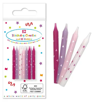 Produktbild von 12 Geburtstagskerzen mit Haltern | Pink Rosa Lila Weiß