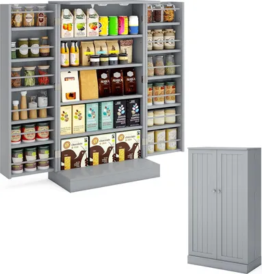 A gray pantry cabinet filled with various food items and storage containers.