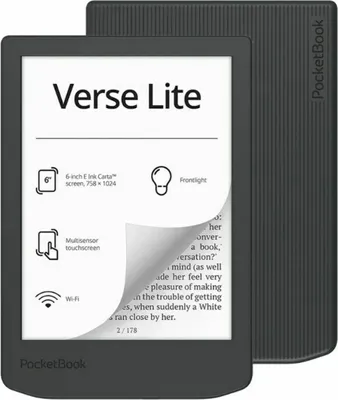 Zdjęcie produktu dla PocketBook Verse Lite, 15,2 cm (6"), E Ink Carta, 758 x 1024 px, ACSM, AZW, AZW3, CBR, CBZ, CHM, DOC, DOCX, DjVu, EPUB, FB2, FB2.ZIP, HTM, HTML, MOBI, PDF, PRC,..., BMP, JPEG, PNG, TIFF, 8 GB
