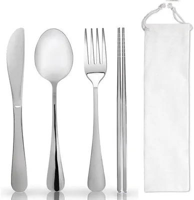 Produktbild von Edelstahl-Reisebesteck-Set, silber, wiederverwendbar, für Camping und Picknick
