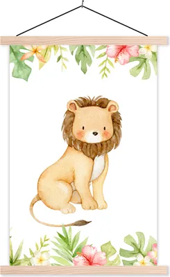 Produktbild von MuchoWow® Textilposter Löwe - Dschungel - Blumen - Blätter 40x60 cm mit holzfarbenen Rahmen - Poster