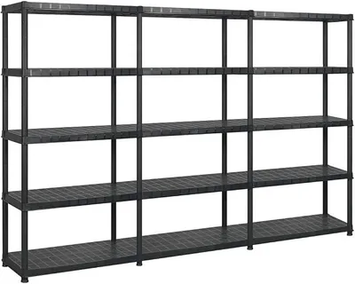Image de Étagère de rangement avec 5 niveaux, noire, en plastique, dimensions 274,5 x 45,7 x 185 cm, lot de 3, idéale pour l'atelier, le garage, la cave, pour le stockage et l'organisation