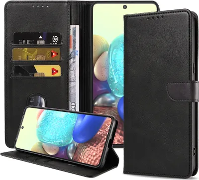 Immagine prodotto di Adatto per Samsung Galaxy A71 5G Custodia per telefono in ecopelle con labbro magnetico e portacarte a libro con patta - Nero - Smartphonics