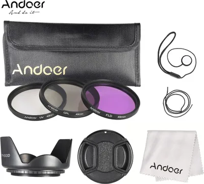 Obrázek produktu pro Sada filtrů Andoer 49 mm (UV + CPL + FLD) + nylonová brašna + krytka objektivu + držák krytu objektivu + sluneční clona + hadřík na čištění objektivu