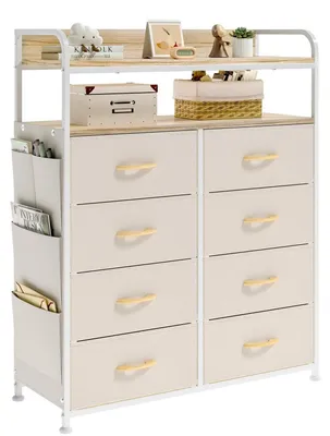Immagine prodotto di Comodino con 8 cassetti rivestiti in tessuto, struttura in metallo, ripiani in legno, colore beige, dimensioni 80x30x100 cm