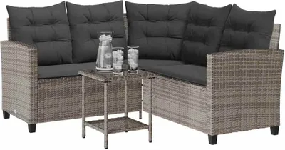 Image de vidaXL Canapé de jardin en L avec table et coussins Gris Poly rotin