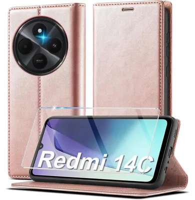 Immagine prodotto di Custodia a libro in pelle per Xiaomi Redmi 14C, color rosa, con pellicola protettiva