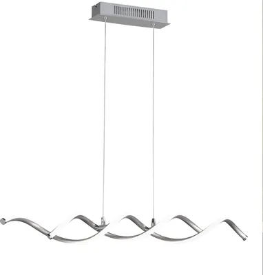 A modern LED pendant light with a wavy, twisted design, suspended by thin wires from a rectangular ceiling mount.