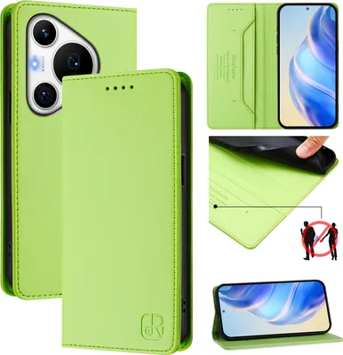 Produktbild von Lederhülle für Huawei Pura 70 Pro/Pura 70 Pro+ Hülle Flip Brieftasche Kartenfächern Ständer Schutzhülle Grün