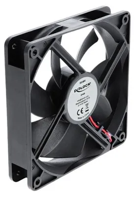 Produktbild von DeLOCK Axiallüfter 48 V DC, 120 x 120 x 25 mm mit 2 Pin Lüfteranschluss schwarz, Kühlgebläse, 103,8 m³/h, Kunststoff, Schwarz, 1 Stück(e)