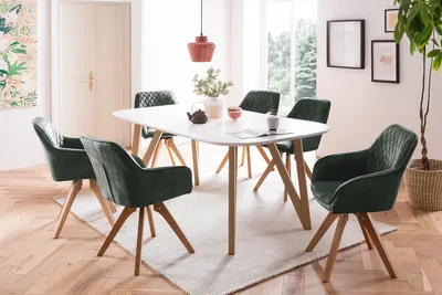 Produktbild von SalesFever Essgruppe 5-tlg. | 180 x 90 cm | Tisch MDF weiß matt + Eichengestell | 4x Drehstuhl Samtvelours + Stuhlbeine Buche | dunkelgrün