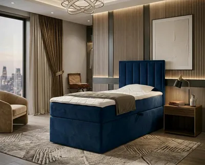 Produktbild von NORDELO Boxspringbett MORFEO 120x200 cm AMOR Velvet Dunkelblau Komplett-Set gepolstertes Einzelbett mit Stauraum, Matratze und 4 cm Visco-Topper, Bonellfederkernmatratze, T30-Schaum