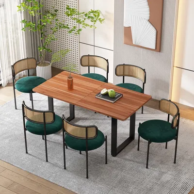 Productafbeelding van MODFU Eetkamerstoelen, gestoffeerde stoelen (set van 4) met metalen poten, woonkamerstoel, keukentool, recreatiestoel met rieten rugleuning, stoel voor eetkamer, keuken, woonkamer, slaapkamer, fluweel, groen