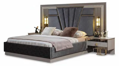 Image de Ensemble de chambre à coucher moderne beige avec incrustations dorées - Chambre à coucher design en bois