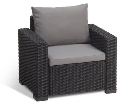 Produktbild von Allibert California Modulares Outdoor-Lounge-Set für 5, grau – 3-Sitzer, 2 Armlehnstühle und Couchtisch, Polyrattan-Look mit grauen 100% Polyesterkissen