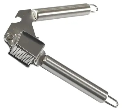 Knoblauchpresse aus Edelstahl, ergonomisch, mit Flaschenöffner, silber